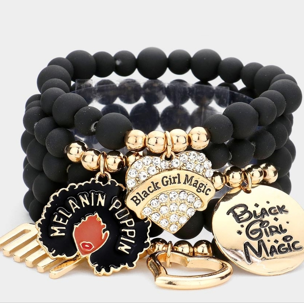 Black and Gold Pendant Charms Crystal BLACK GIRL MAGIC Beaded Stretch Bracelet